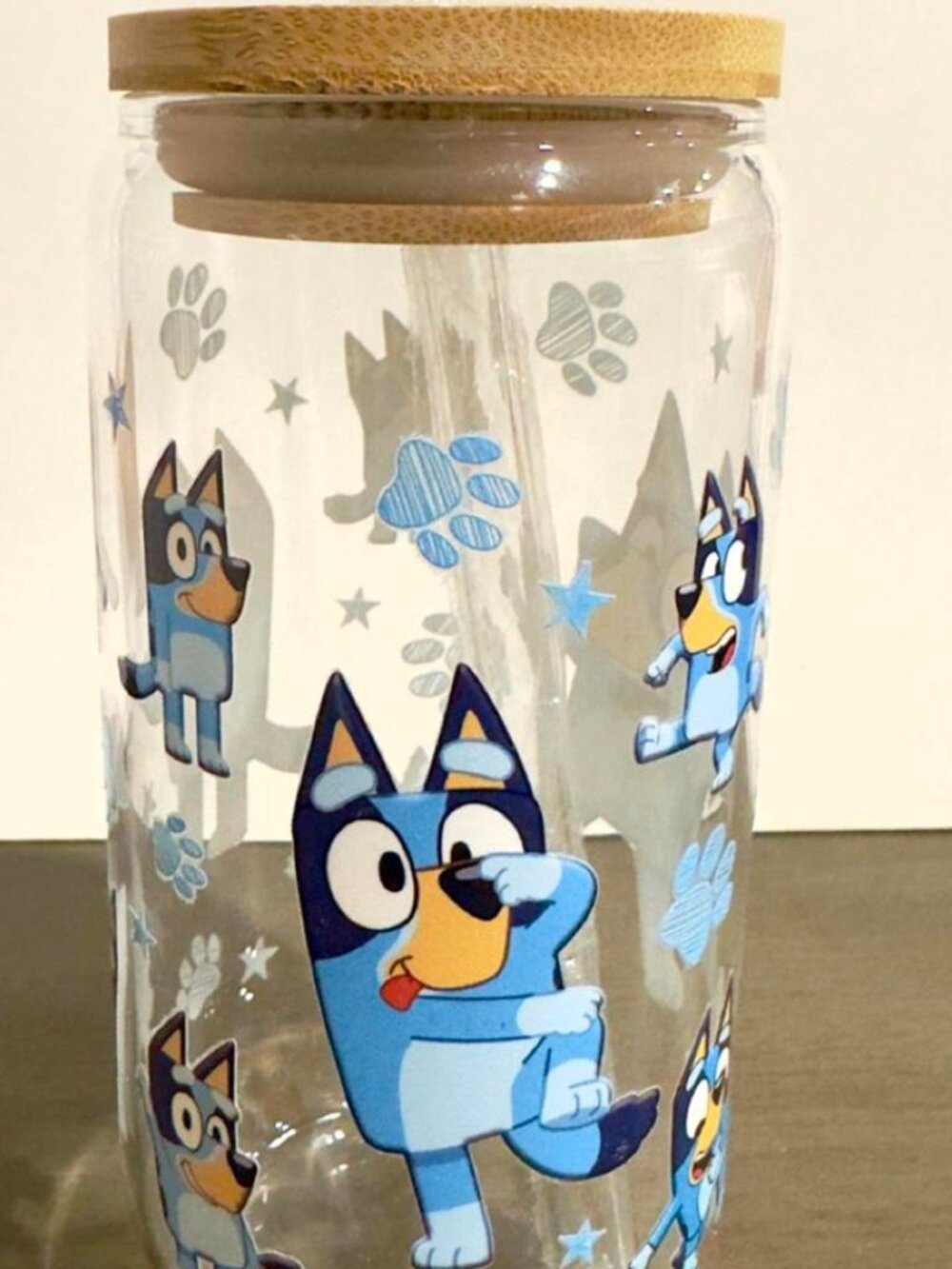Bluey Dog Glass Can Cup Bamboo Lid With Glass Straw